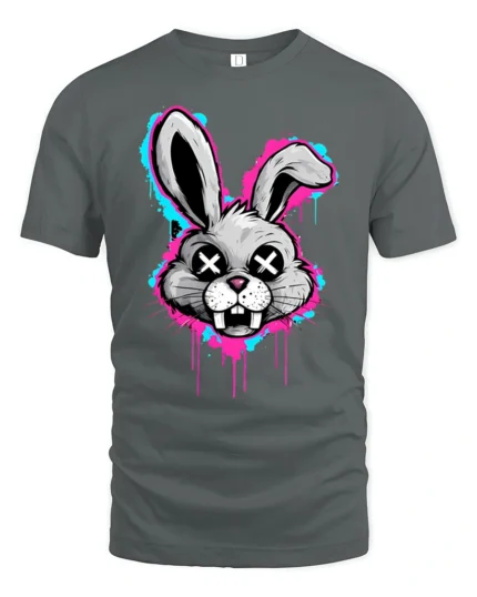 Graffiti Bunny Skull Eyes T Shirt Urban Street Art Rabbit Graphic - gray t-shirt on white background