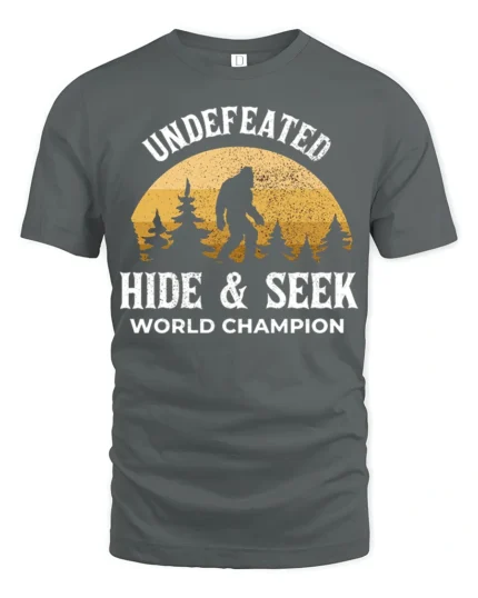 Undefeated Hide And Seek World Champion Bigfoot Funny Sasquatch T Shirt - gray t-shirt on white background