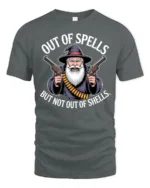 Out Of Spells But Not Out Of Shells Funny Wizard Gun Meme T Shirt - gray t-shirt on white background