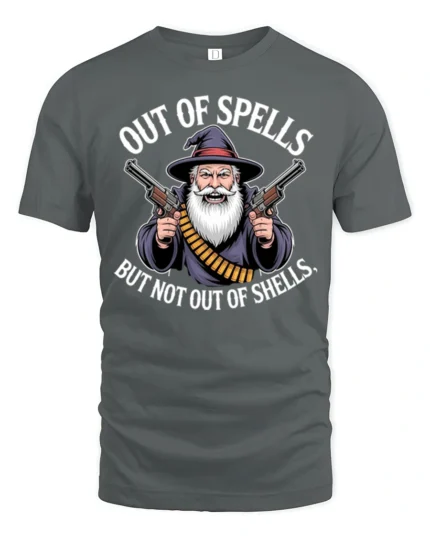 Out Of Spells But Not Out Of Shells Funny Wizard Gun Meme T Shirt - gray t-shirt on white background