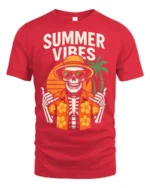 Summer Vibes Skeleton T Shirt Funny Tropical Skull Beach Graphic - red t-shirt on white background