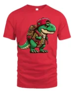 Cute Backpack Dinosaur T Shirt Funny T Rex Adventure Cartoon Graphic - red t-shirt on white background