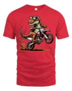 Funny T Rex Dirt Bike Rider T Shirt Cool Motocross Dinosaur Graphic - red t-shirt on white background