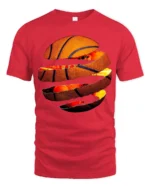 Torn Basketball Explosion T Shirt Fiery Slam Dunk Sports Graphic - red t-shirt on white background