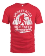 Undefeated Hide And Seek Champion Bigfoot Funny Sasquatch T Shirt - red t-shirt on white background