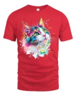 Colorful Artistic Cat Face T Shirt Vibrant Paint Splash Kitty Graphic - red t-shirt on white background