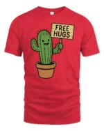 Funny Cactus Free Hugs T Shirt Cute Prickly Plant Humor Graphic - red t-shirt on white background