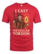 Funny I Cast Testicular Torsion T Shirt Wizard Dark Humor Meme Graphic - red t-shirt on white background
