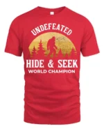 Undefeated Hide And Seek World Champion Bigfoot Funny Sasquatch T Shirt - red t-shirt on white background