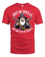 Out Of Spells But Not Out Of Shells Funny Wizard Gun Meme T Shirt - red t-shirt on white background
