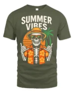 Summer Vibes Skeleton T Shirt Funny Tropical Skull Beach Graphic - military green t-shirt on white background