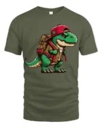 Cute Backpack Dinosaur T Shirt Funny T Rex Adventure Cartoon Graphic - military green t-shirt on white background