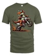 Funny T Rex Dirt Bike Rider T Shirt Cool Motocross Dinosaur Graphic - military green t-shirt on white background