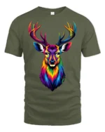 Colorful Rainbow Deer Head T Shirt Vibrant Stag Art Graphic Design - military green t-shirt on white background