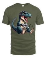 Funny Gamer T Rex Dinosaur T Shirt Gaming Headset Controller Graphic - military green t-shirt on white background