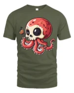 Cute Skull Octopus T Shirt Whimsical Ocean Creature Cartoon Graphic - military green t-shirt on white background
