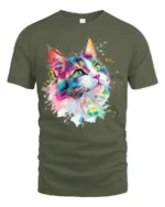 Colorful Artistic Cat Face T Shirt Vibrant Paint Splash Kitty Graphic - military green t-shirt on white background