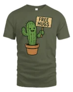 Funny Cactus Free Hugs T Shirt Cute Prickly Plant Humor Graphic - military green t-shirt on white background
