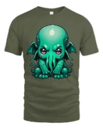 Cute Cthulhu Monster T Shirt Adorable Lovecraft Inspired Cartoon Graphic - military green t-shirt on white background