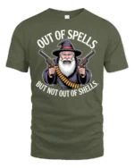 Out Of Spells But Not Out Of Shells Funny Wizard Gun Meme T Shirt - military green t-shirt on white background