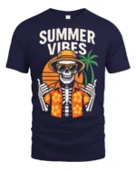 Summer Vibes Skeleton T Shirt Funny Tropical Skull Beach Graphic - navy t-shirt on white background
