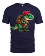 Cute Backpack Dinosaur T Shirt Funny T Rex Adventure Cartoon Graphic - navy t-shirt on white background