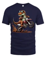 Funny T Rex Dirt Bike Rider T Shirt Cool Motocross Dinosaur Graphic - navy t-shirt on white background