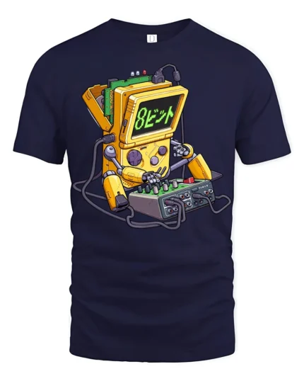 Retro Beep Robot Gamer T Shirt Funny Vintage Arcade Robot Graphic - navy t-shirt on white background
