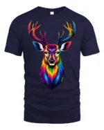 Colorful Rainbow Deer Head T Shirt Vibrant Stag Art Graphic Design - navy t-shirt on white background