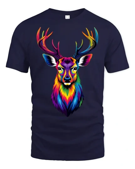 Colorful Rainbow Deer Head T Shirt Vibrant Stag Art Graphic Design - navy t-shirt on white background