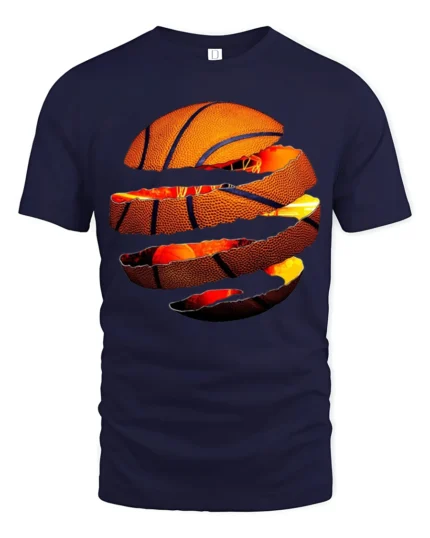 Torn Basketball Explosion T Shirt Fiery Slam Dunk Sports Graphic - navy t-shirt on white background