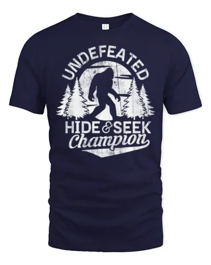 Undefeated Hide And Seek Champion Bigfoot Funny Sasquatch T Shirt - navy t-shirt on white background