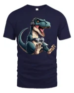 Funny Gamer T Rex Dinosaur T Shirt Gaming Headset Controller Graphic - navy t-shirt on white background