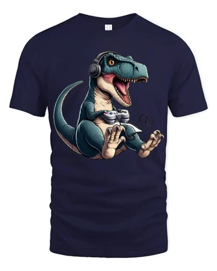 Funny Gamer T Rex Dinosaur T Shirt Gaming Headset Controller Graphic - navy t-shirt on white background