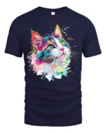 Colorful Artistic Cat Face T Shirt Vibrant Paint Splash Kitty Graphic - navy t-shirt on white background