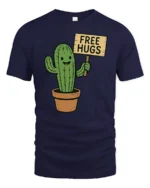 Funny Cactus Free Hugs T Shirt Cute Prickly Plant Humor Graphic - navy t-shirt on white background