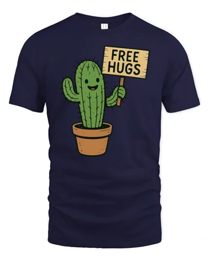 Funny Cactus Free Hugs T Shirt Cute Prickly Plant Humor Graphic - navy t-shirt on white background