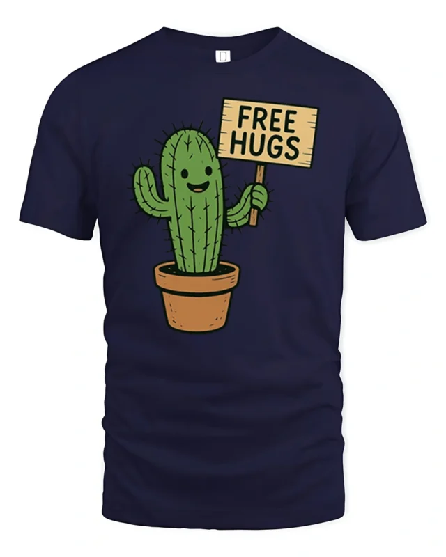 Funny Cactus Free Hugs T Shirt Cute Prickly Plant Humor Graphic - navy t-shirt on white background