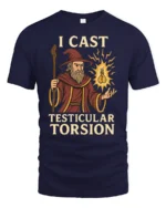 Funny I Cast Testicular Torsion T Shirt Wizard Dark Humor Meme Graphic - navy t-shirt on white background