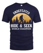 Undefeated Hide And Seek World Champion Bigfoot Funny Sasquatch T Shirt - navy t-shirt on white background