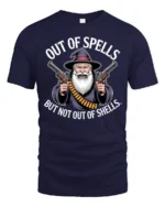 Out Of Spells But Not Out Of Shells Funny Wizard Gun Meme T Shirt - navy t-shirt on white background