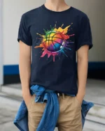 Color Splash Basketball T Shirt Vibrant Street Art Hoops Graphic - model wearing navy tee with hands in pockets