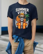Summer Vibes Skeleton T Shirt Funny Tropical Skull Beach Graphic - model wearing navy tee with hands in pockets