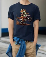 Funny T Rex Dirt Bike Rider T Shirt Cool Motocross Dinosaur Graphic - model wearing navy tee with hands in pockets