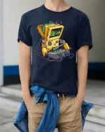 Retro Beep Robot Gamer T Shirt Funny Vintage Arcade Robot Graphic - model wearing navy tee with hands in pockets