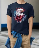 Patriotic Bald Eagle T Shirt American Flag Splash Art Graphic - model wearing navy tee with hands in pockets