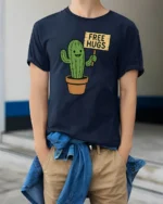 Funny Cactus Free Hugs T Shirt Cute Prickly Plant Humor Graphic - model wearing navy tee with hands in pockets