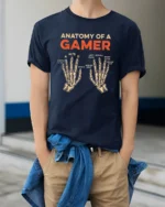 Anatomy Of A Gamer T Shirt Funny Keyboard Mouse Gaming Graphic - model wearing navy tee with hands in pockets