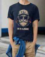 Im Not Old Im A Classic T Shirt Funny Vintage Bearded Man Graphic - model wearing navy tee with hands in pockets