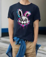 Graffiti Bunny Skull Eyes T Shirt Urban Street Art Rabbit Graphic - model wearing navy tee with hands in pockets